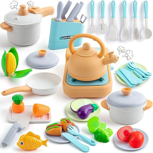 Juego de accesorios de cocina de juego de simulación, 44 piezas para niños, utensilios de cocina con ollas y sartenes, estufa de gas con sonido y