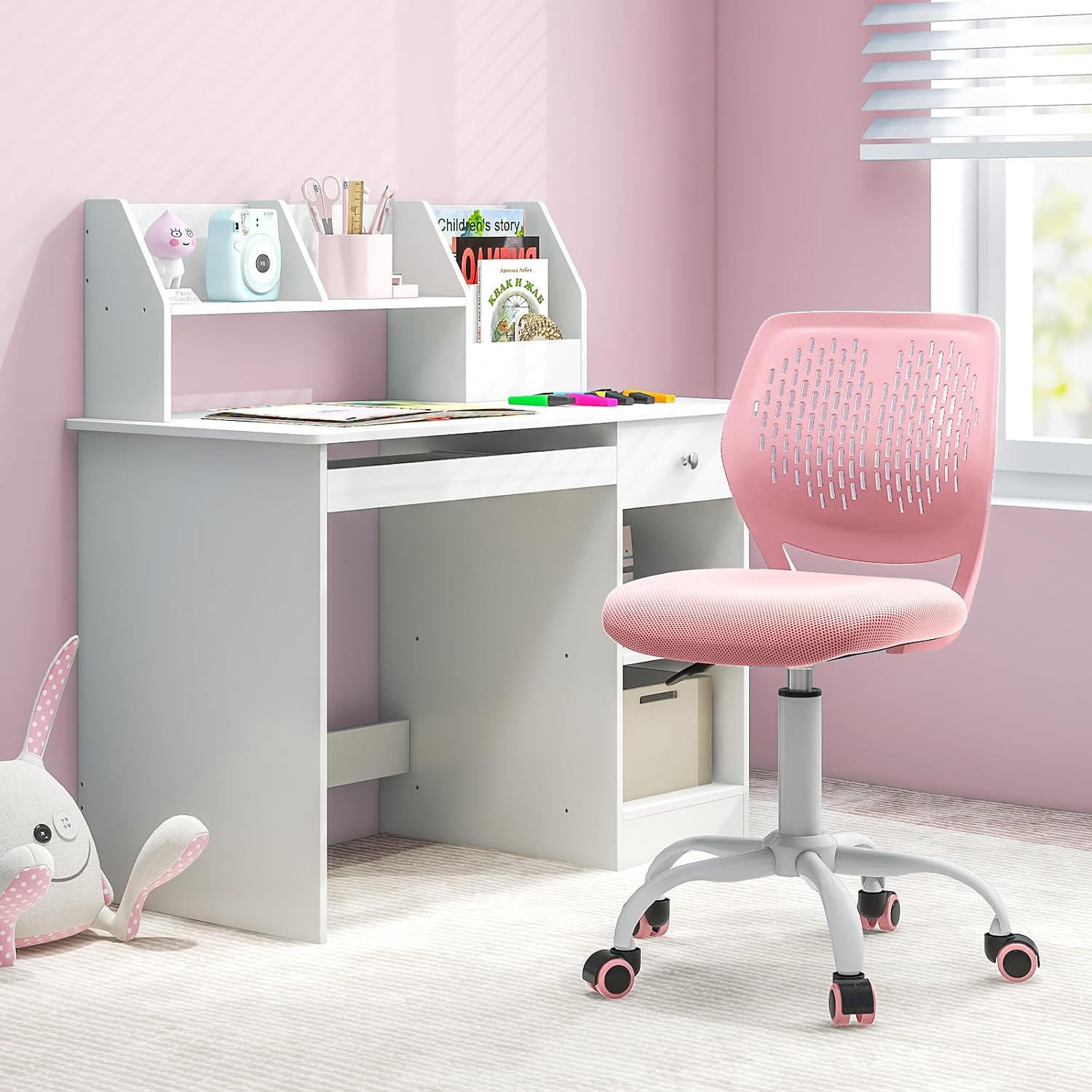HONEY JOY Kids Desk Chair, Children Study Chair w/Adjustable Height, Low Back, Swivel Rolling Mesh Task Student Chair, Kids Computer Chair for Teens Girls Boys Home/School/Office (Pink)