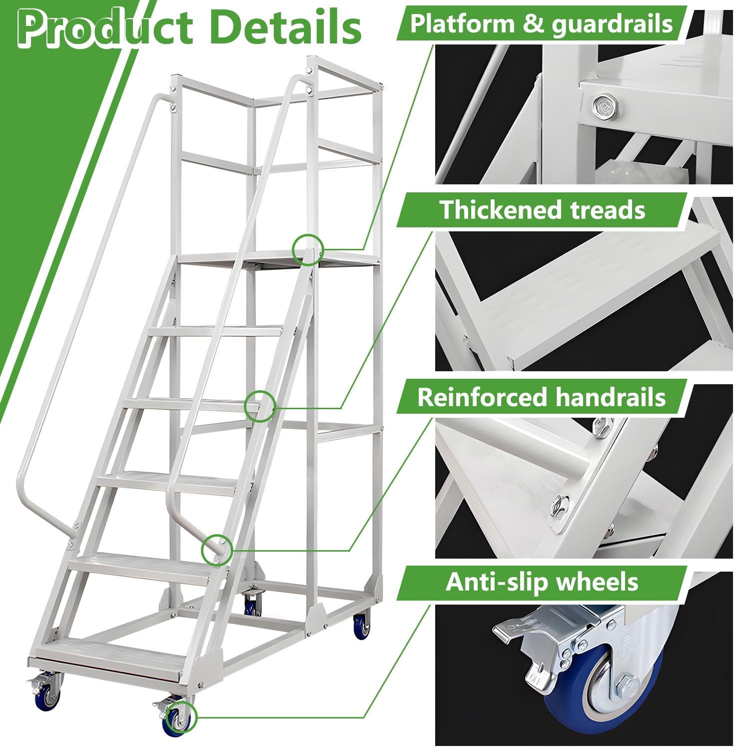 6 Steps Rolling Ladder, Mobile Platform Ladders with Handrails, Industrial & Warehouse Non-Slip Stair Ladder, Heavy Duty Step Ladders for Home Library Outdoor, 1100lbs Capacity