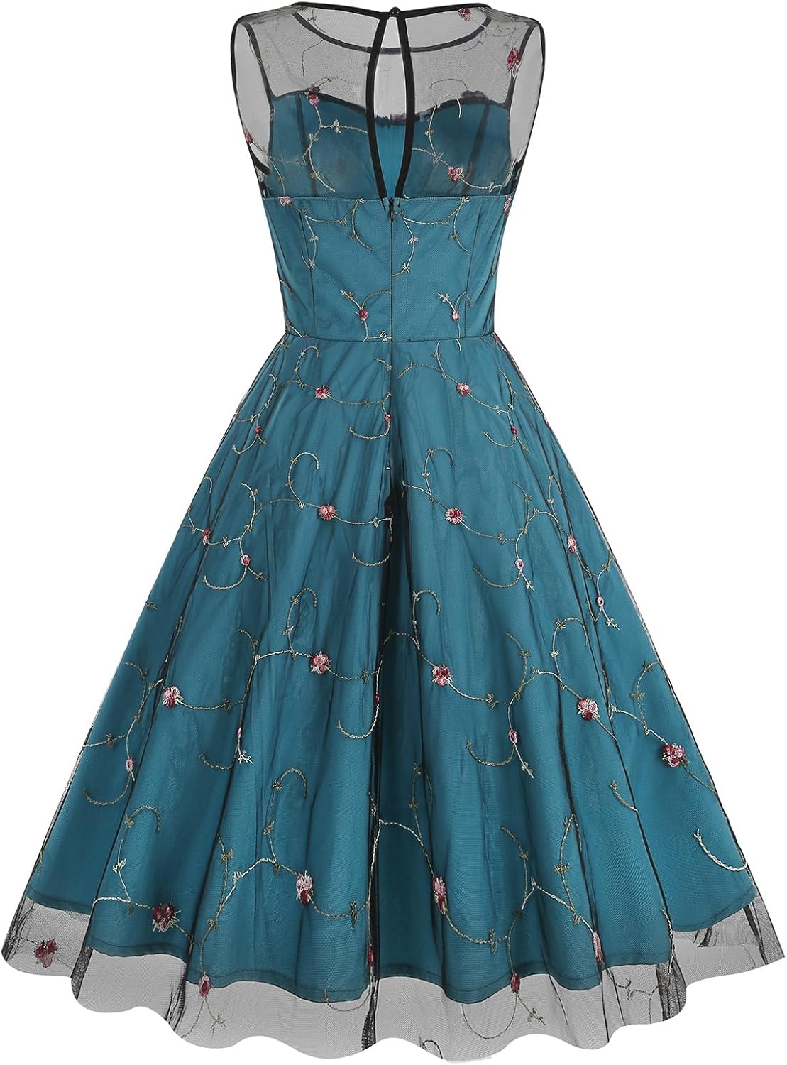 Women's Flower Embroidery Tulle Prom Dresses Floral Embroidered Tulle Dress for Women Homecoming Dresses Mesh Floral Dresses Short Vintage Cocktail Dress Knee Length Tea Dress Peacock Blue-Floral L - Image 4