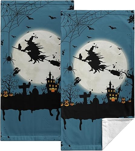 Miniatura 2 de Kwlegh Juego de 2 paños de cocina de bruja y luna de Halloween, juego de 2 toallas de baño espeluznantes de castillo, calabazas, murciélagos,