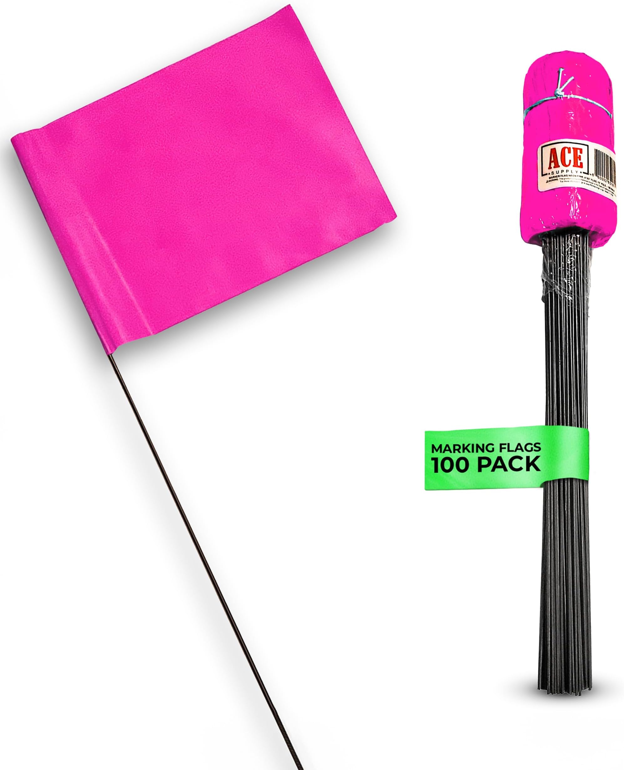 Marking Flags - 4 x 5-Inch Flag on 15-Inch Steel Wire - Neon Pink, 100 Pack - Marker Flags for Irrigation, Sprinkler Flags, Lawn Flags, Yard Flags, Garden Flags, Dog Training, Invisible Fence