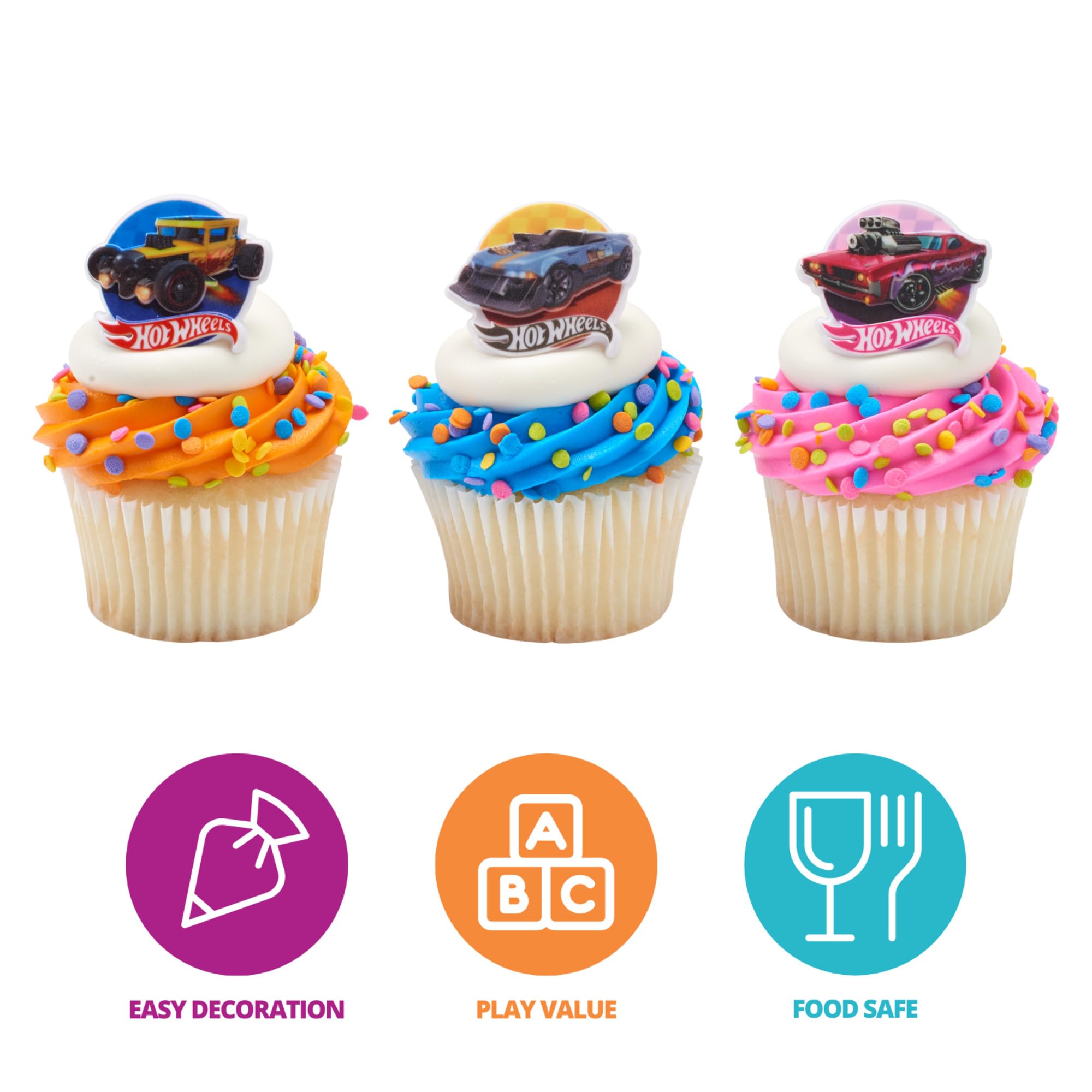 Hot Wheels™ Rings | 24 Epic Stunt Cupcake Toppers | DecoPac Hot Wheels Cars Cake Decorations, Multi-colored, Food Safe & Ready To Use - 24 Pack