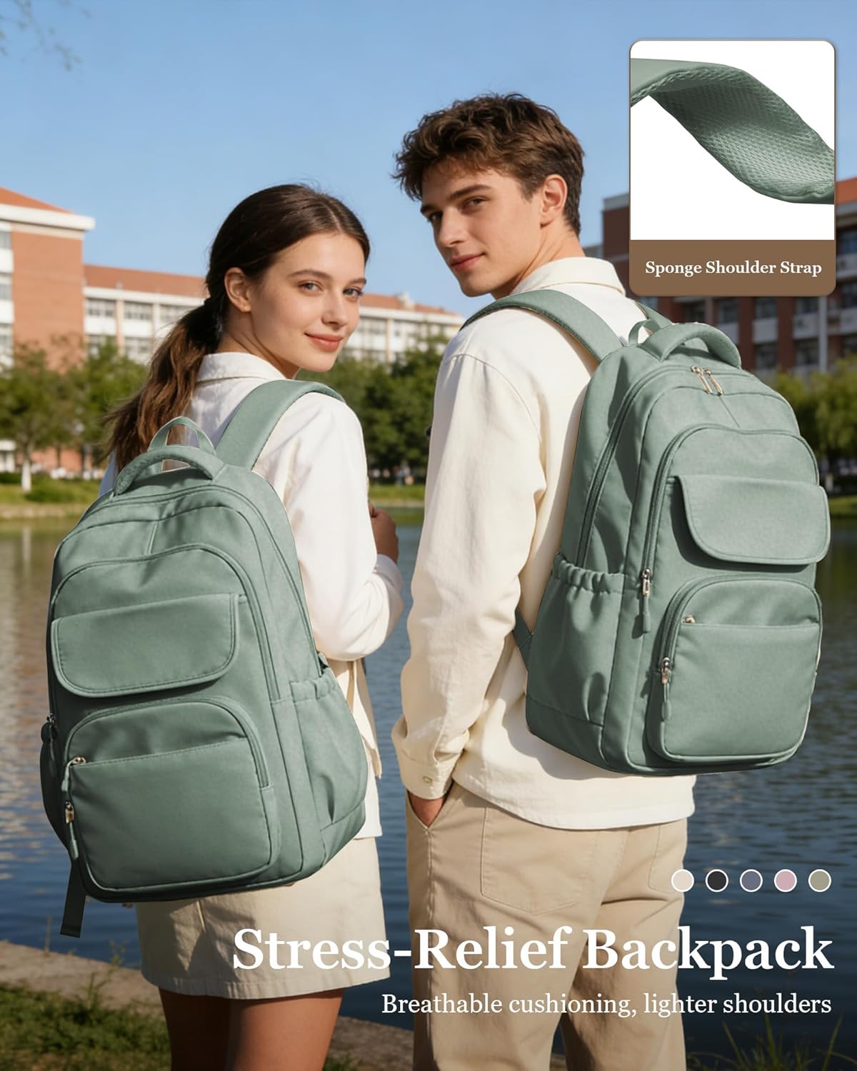 School Backpack for Women Men Cute Backpack for College Students Lightweight High School bag for Teens Girls Boys Waterproof Casual Daypacks Bookbag(Green) - Image 6
