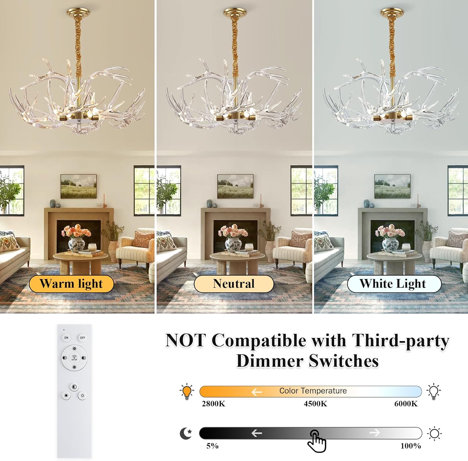 Acrylic Antler Chandelier Ceiling Light Fixtures, Clear Deer Chandelier Lighting, Dimmable Deer Horn Pendant Light Curved Antler & Gold 29.9" Single Tier 9 Lights