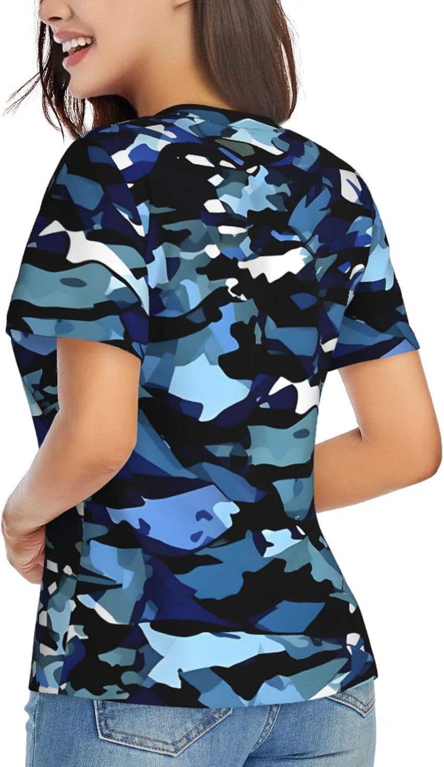 Womens Blue Camouflage Print Print Short Sleeve V Neck T-Shirts Casual Breathable Tee Basic Summer Tops 2026