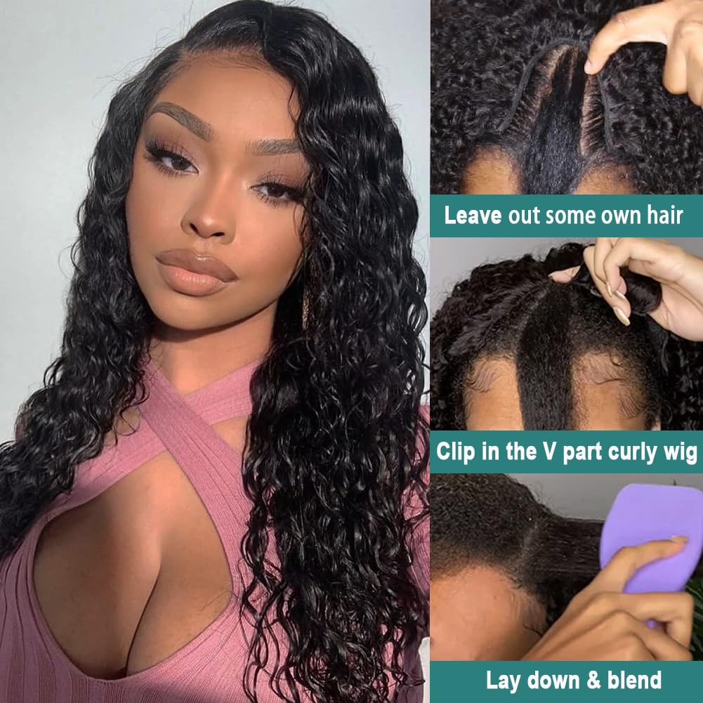 V Part Wig Human Hair Water Wave Upgrade U Part Glueless Wigs for Women Clip In Curly V Part Human Hair Wigs For Beginners Friendly No Leave Out No Glue No Sew In 180 Density 24 Inch