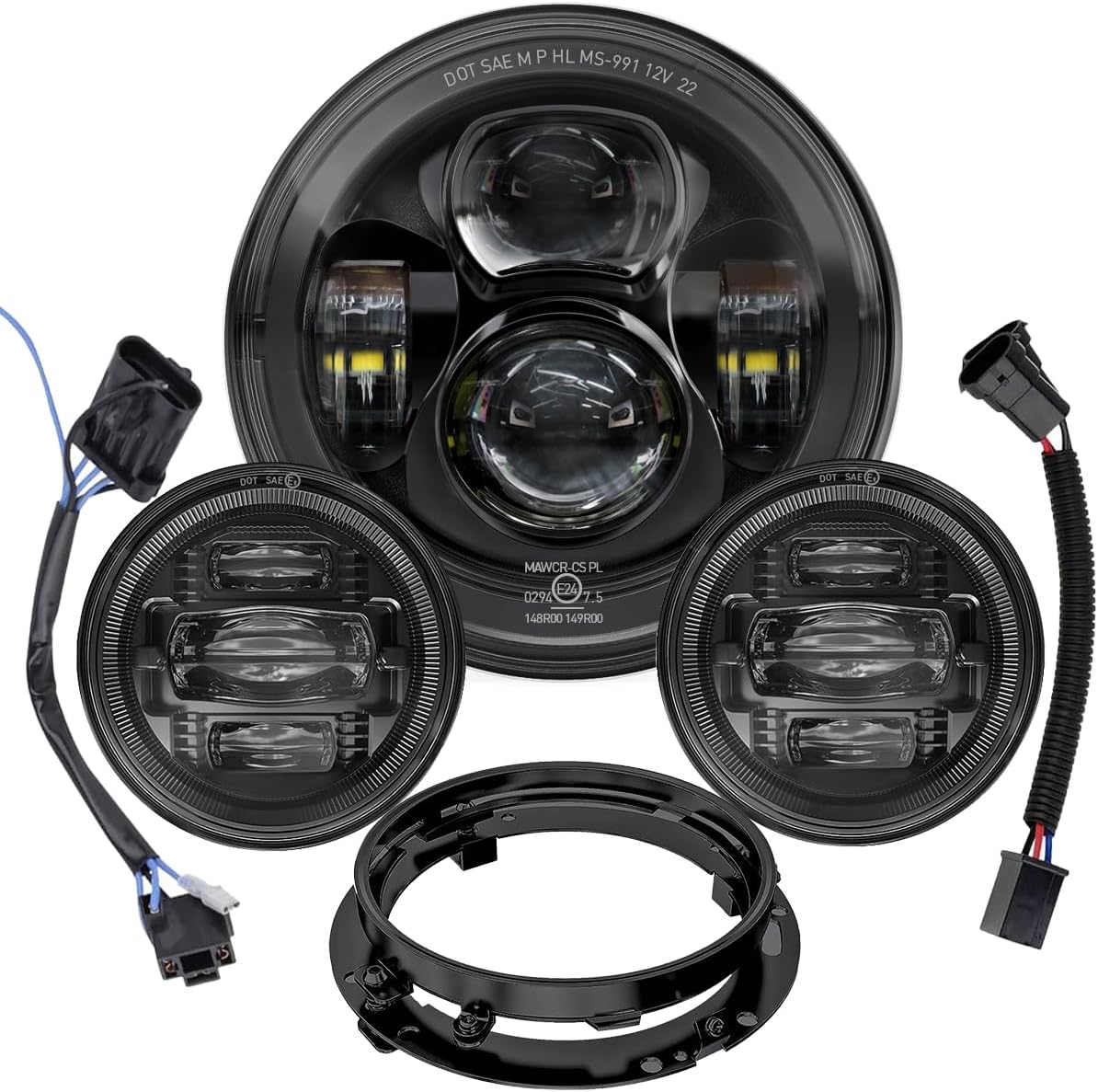 7 Inch Motorcycle LED Headlight 4.5" Fog Passing Lights DOT Kit for Harley Davidson Street Glide Touring Road King Electra Glide Fat boy Ultra Classic Heritage Softail Switchback CVO Tri Glide Black