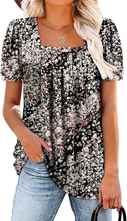 BETTE BOUTIK Womens Summer Tops Short Sleeve Pleated Square Neck Tunics Shirts Blouses S-3XL