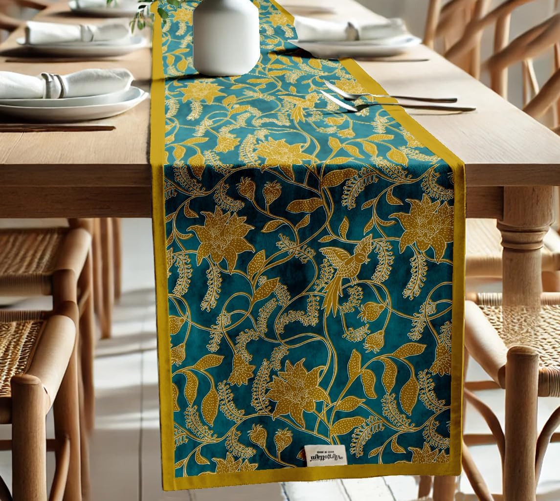 Double Layer Cotton Table Runner with Border - Floral Print, Machine Washable - Dining Table Décor for Farmhouse & Modern Homes