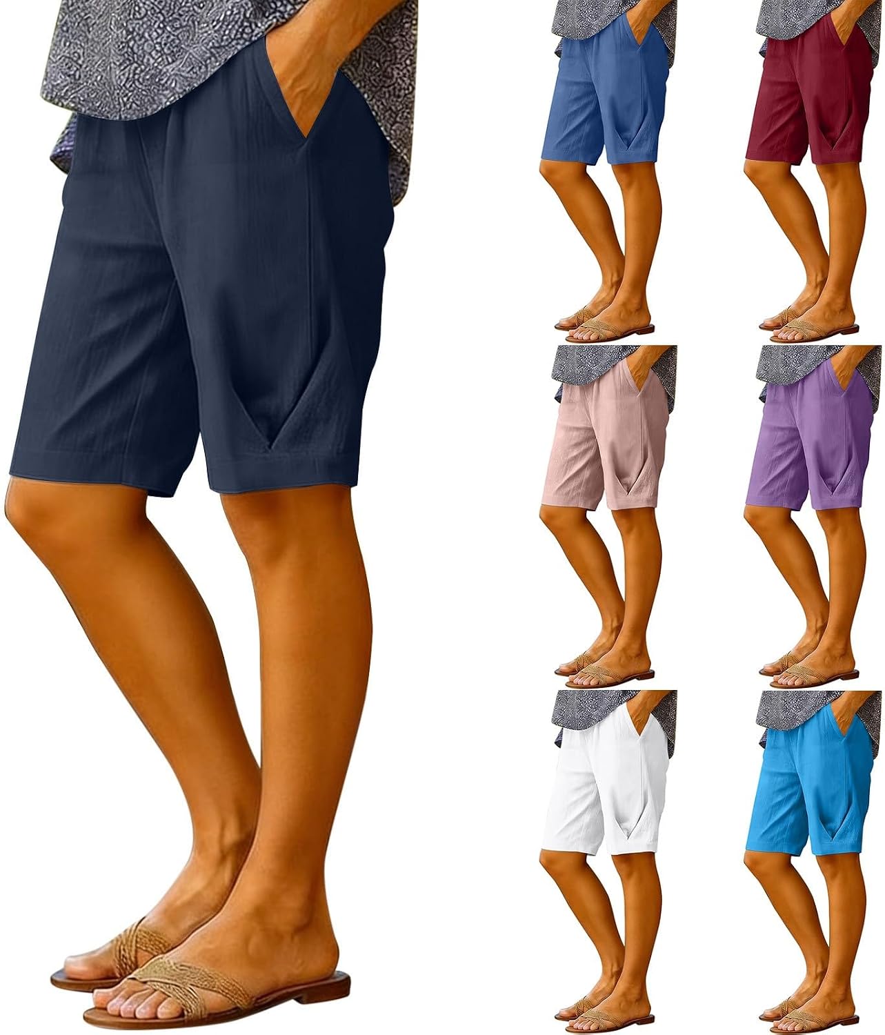 Bermuda Shorts Women Trendy Summer Cotton Linen Short Pants Wide Leg Elastic Waist Slacks Beach Vacation Comfy Clothes