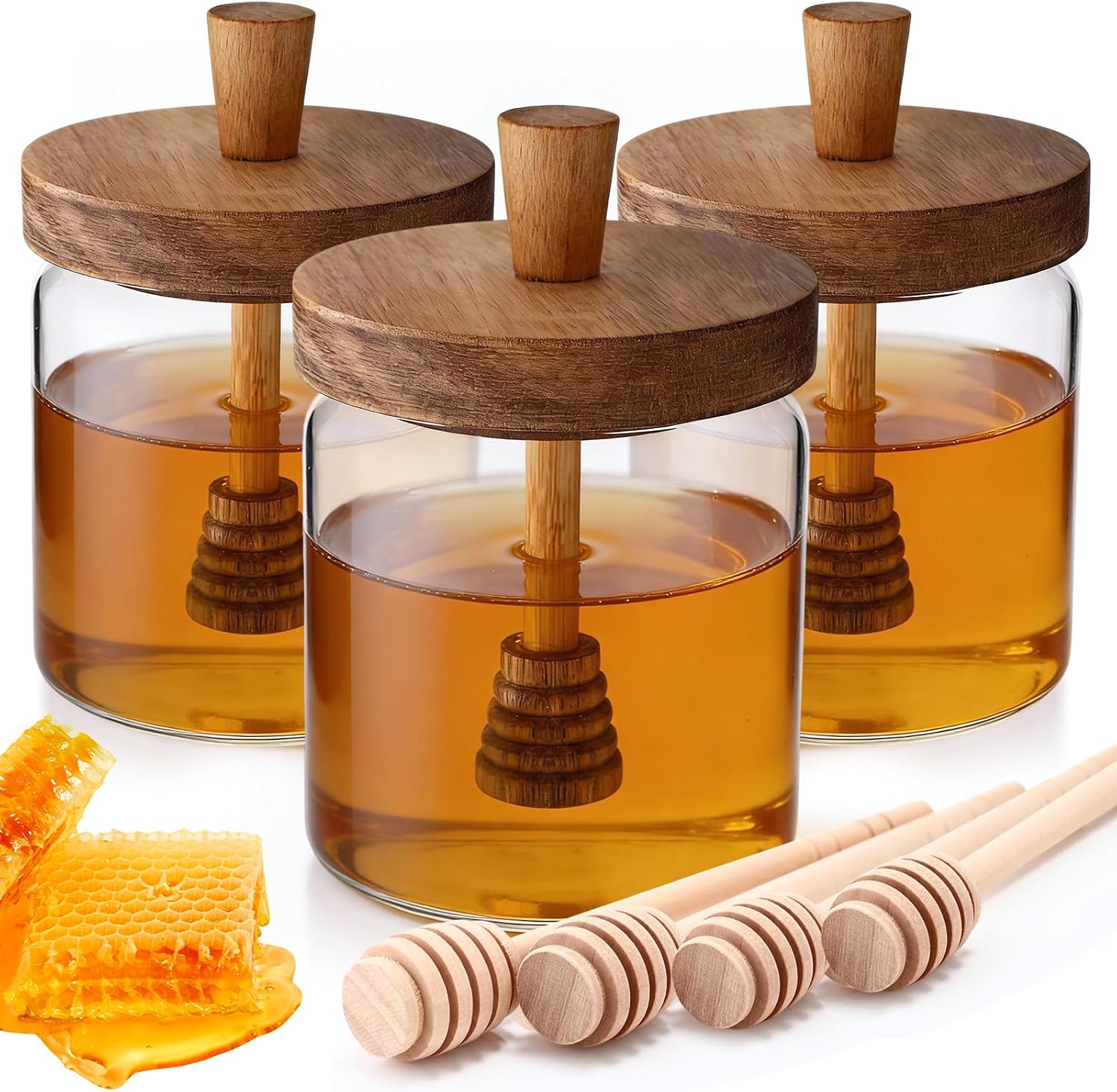 LemonRoad 3 Pack Glass Honey Pots with Lid and 4 Dipper Sticks, 14 oz Honey Jars with Wooden Lids Wide Mouth Containers Airtight Syrup Dispenser for Home Kitchen Storage