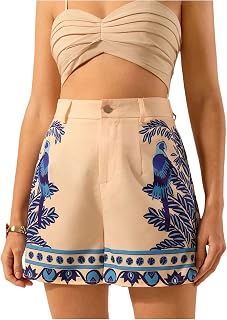 Women's Tropical Print Wide Leg Shorts Button Front Zip Fly Boho Shorts