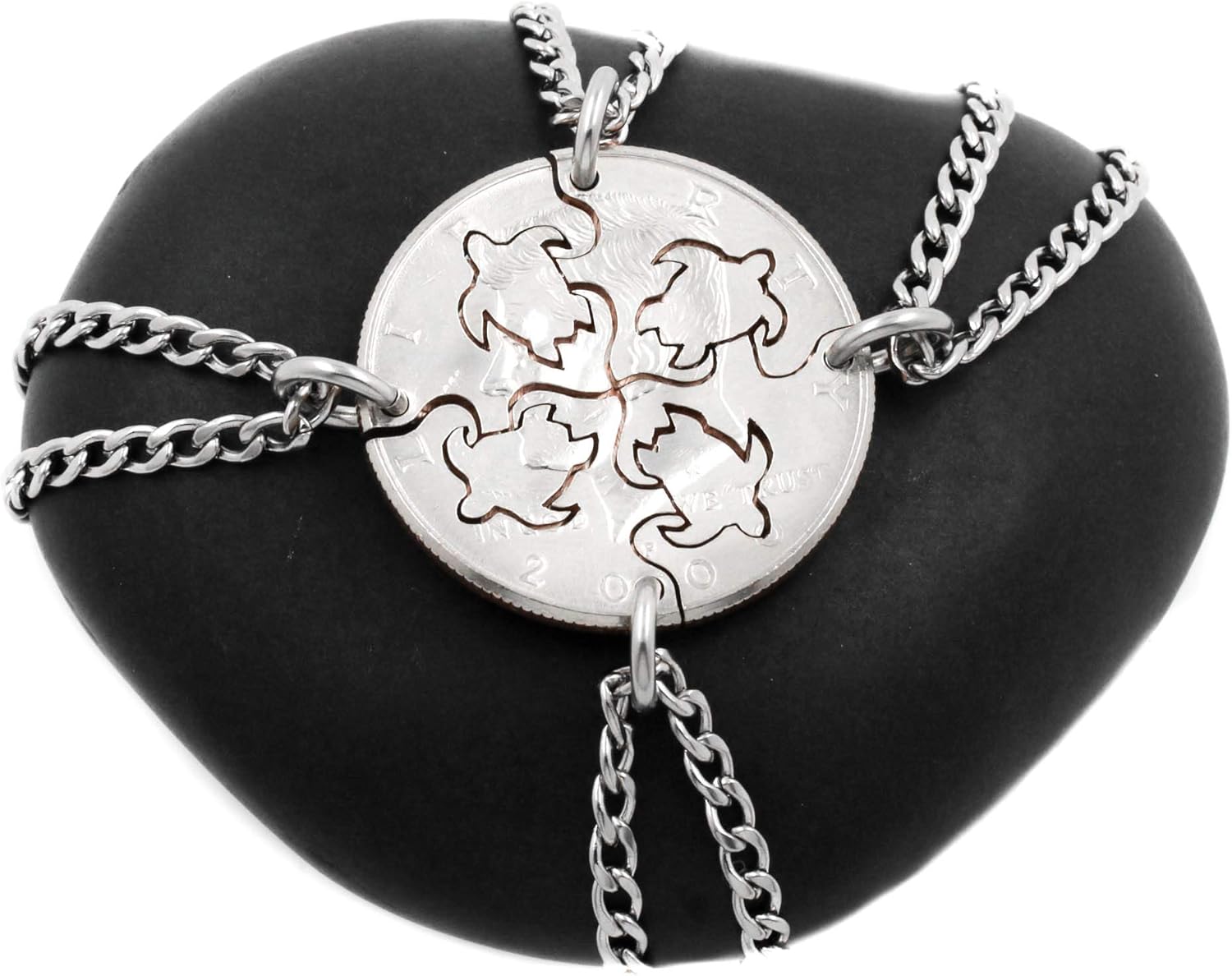 4 Piece Turtle Necklaces, Best Friends or Family Necklaces, BFF Gifts for 4, Interlocking Sea Turtles, Hand Cut Coin, By NameCoins