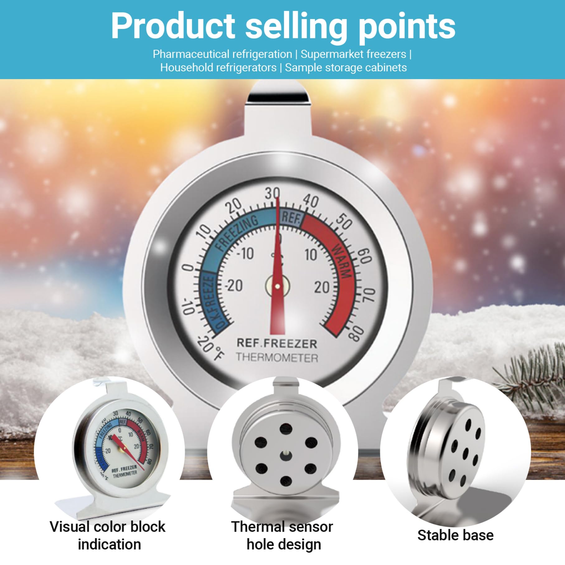 12Pcs Refrigerator Thermometer, Stainless Steel Fridge Thermometer with Multi Holes, Large Dial Indicator Internal Temperature Gauge for Kitchen Refrigerator