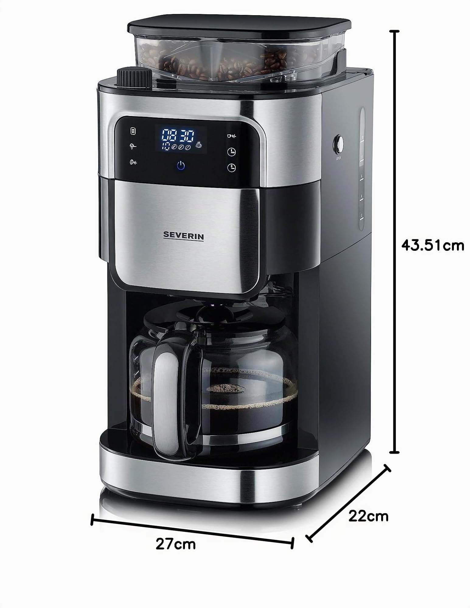 SEVERIN KA 4813 - Macchina da caffè con filtro in acciaio INOX, macinazione fine e grado di macinazione selezionabile, 1000 W, fino a 10 tazze/ca. 1,25 l