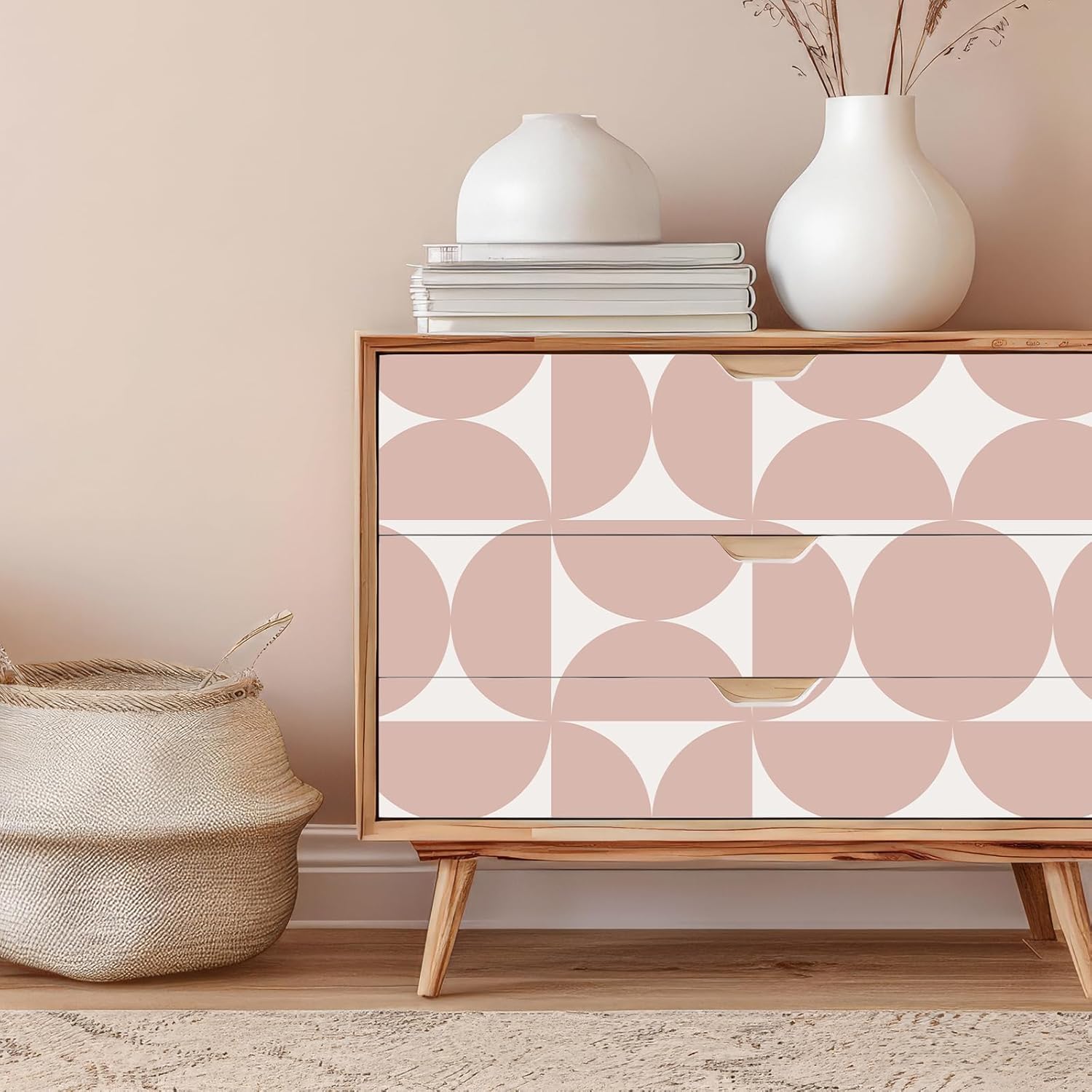 VEELIKE Half Circles Pink Geometric Peel and Stick Wallpaper Modern Abstract Wallpaper for Bedroom Bathroom 17.7''x118'' Art Deco Wall Paper Prepasted Removable Geometric Contact Paper for Cabinets