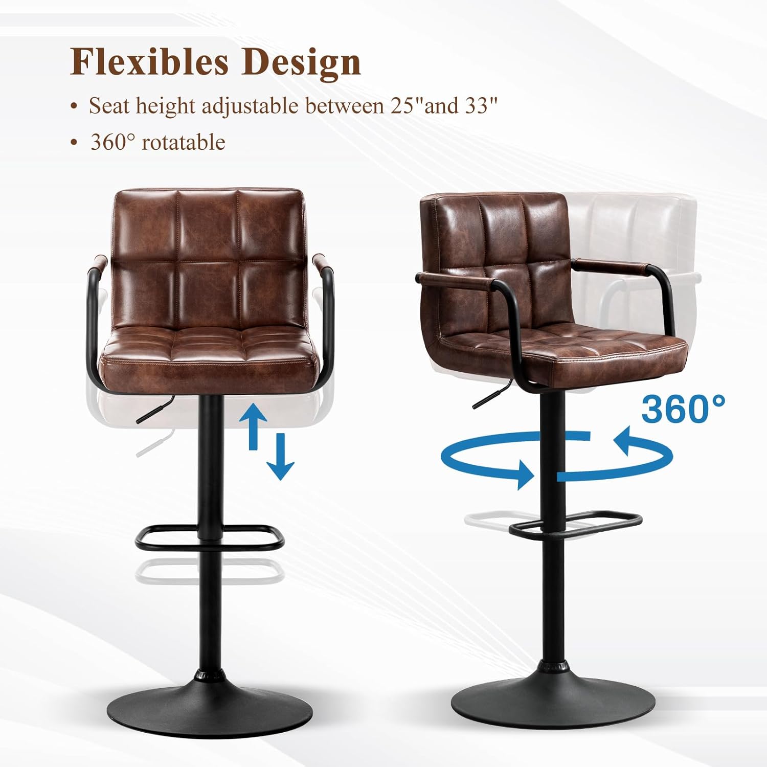 Furniliving Bar Stools Set of 2 with Back, Modern Square PU Leather Kitchen Stools with Armrest, Adjustable Counter Height Barstools for Kitchen Bar Pub Cafe (Darkbrown)