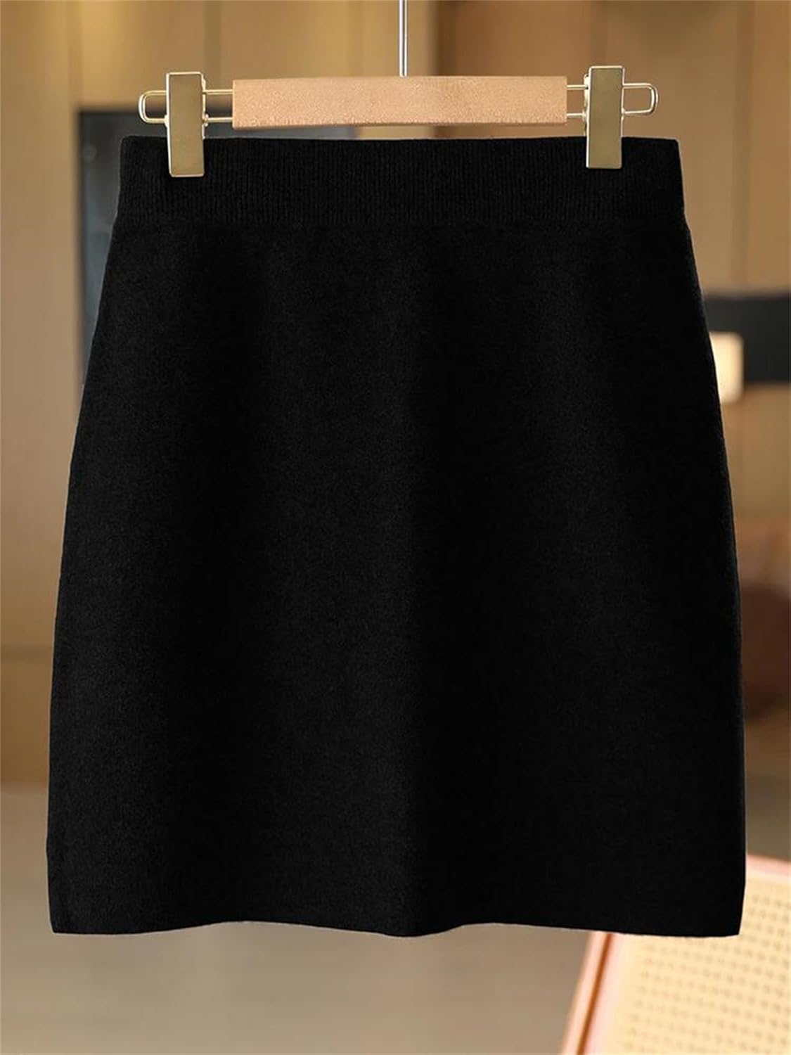 Women Winter Elastic Waist Mini Slim Fit Skirts Merino Wool Knitted Office Knee Skirt