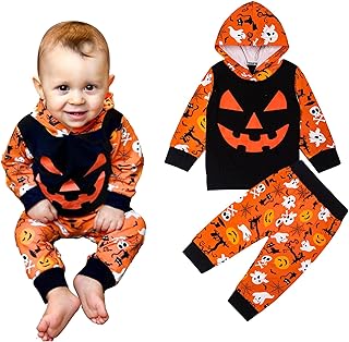BabyMars Halloween Toddler Baby Boy Outfit Long Sleeve Pumpkin Hoodie Tops+Pumpkin Trousers 2PCS Clothes Set(Orange,6-12 Months)