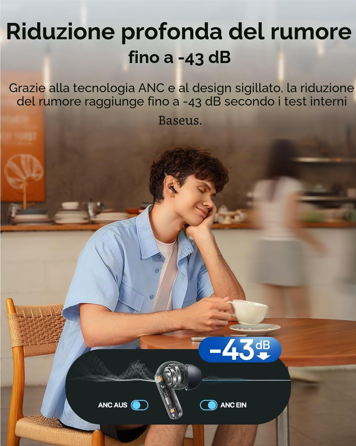 Baseus EP10 NC Auricolari Bluetooth con cancellazione del rumore, cuffie Bluetooth con -43 dB ANC, cancellazione del rumore adattiva, auricolari con 4 microfoni, chiamata chiara, IP55, 41 ore di