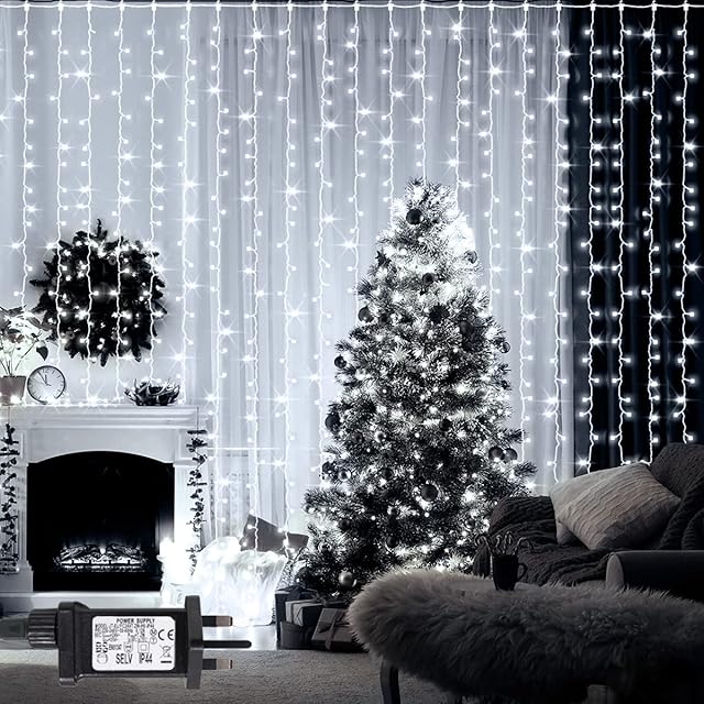 ANSIO Curtain Lights Indoor 3m x 3m with 304 LED Christmas Curtain Fairy Lights Outdoor, 8 Modes Hanging Lights for Window, Bedroom Wall, Garden, Party Decorations - Cool White Plug in Lights