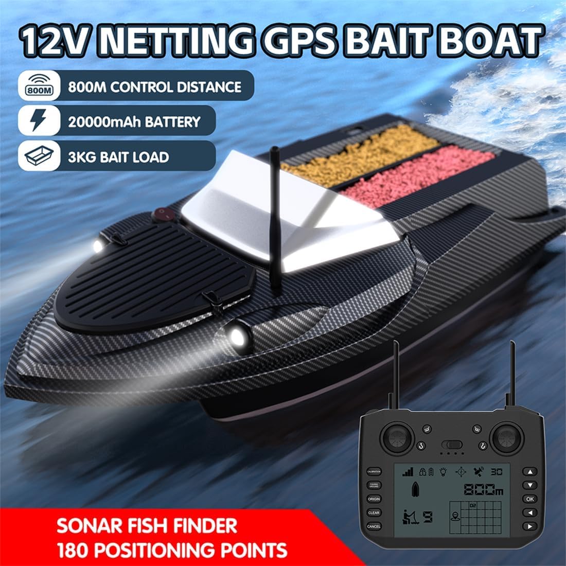 Barca Radiocomandata Ad Alta velocità V080 12v con Esche - Portata di 800 M, 9 Zone di Pesca, 180 Waypoint GPS, Doppio Serbatoio, Luci A LED - Perfetta per Appassionati di Pesca E Adulti