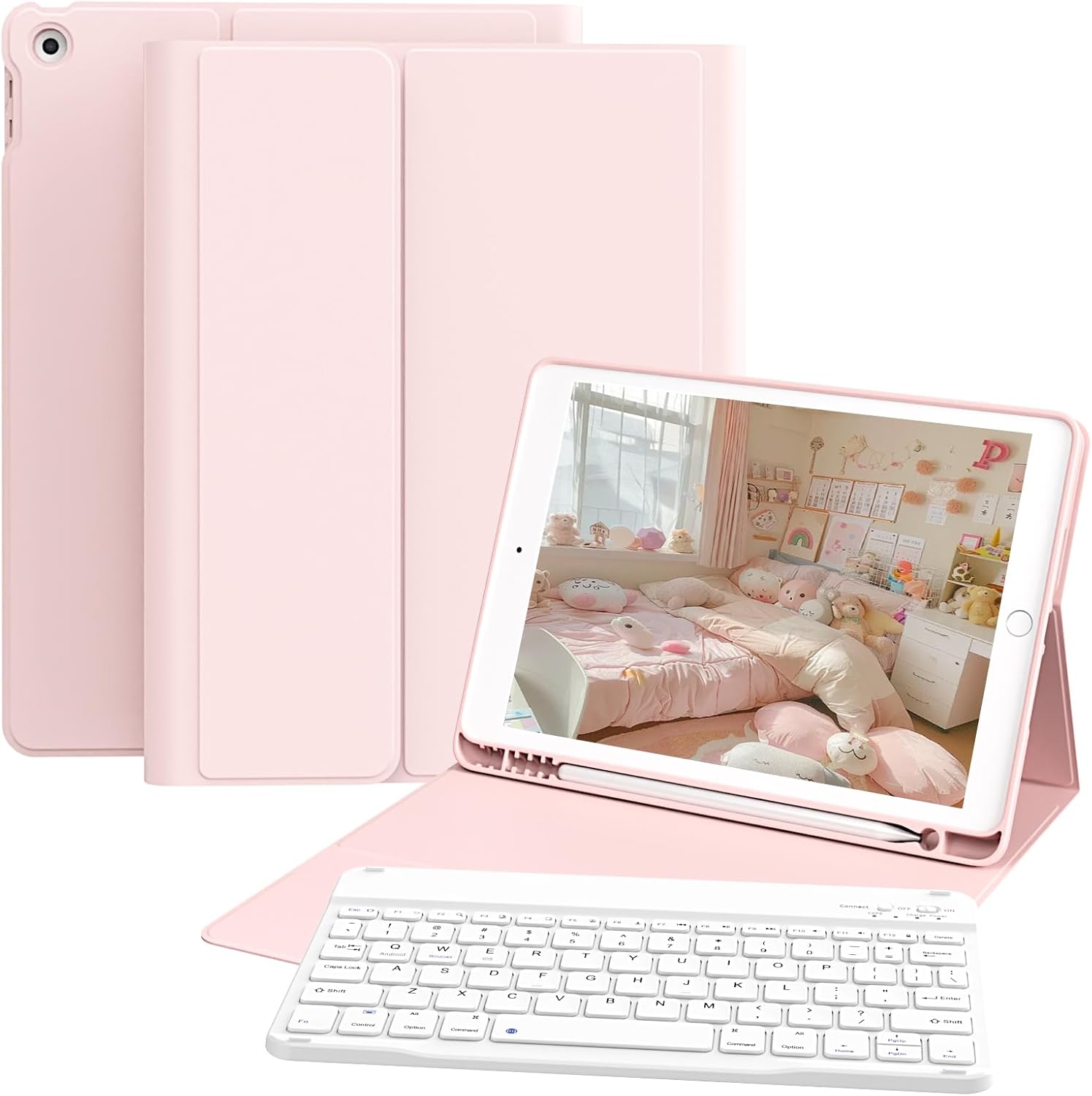 Keyboard Case for iPad 9th Generation 2021 10.2 Inch, Detachable Wireless Rechargeable Keyboard Case with Pencil Holder, Folio Stand Cover for iPad 8th Gen 2020/ 7th Gen 2019 -Pink