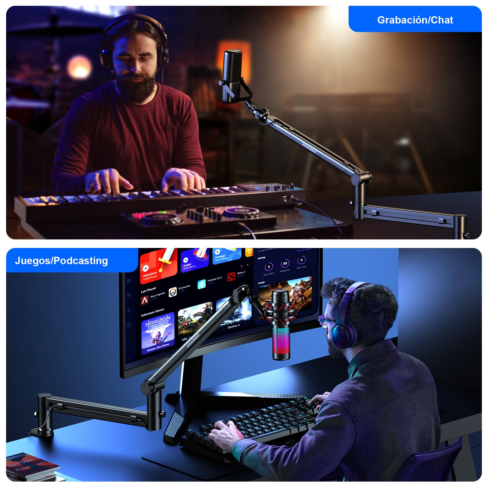 Aokeo AK-58 - Brazo de micrófono ajustable de perfil bajo, adecuado para Blue Yeti, Snowball iCE, HyperX QuadCast, SoloCast, Elgato Wave, etc