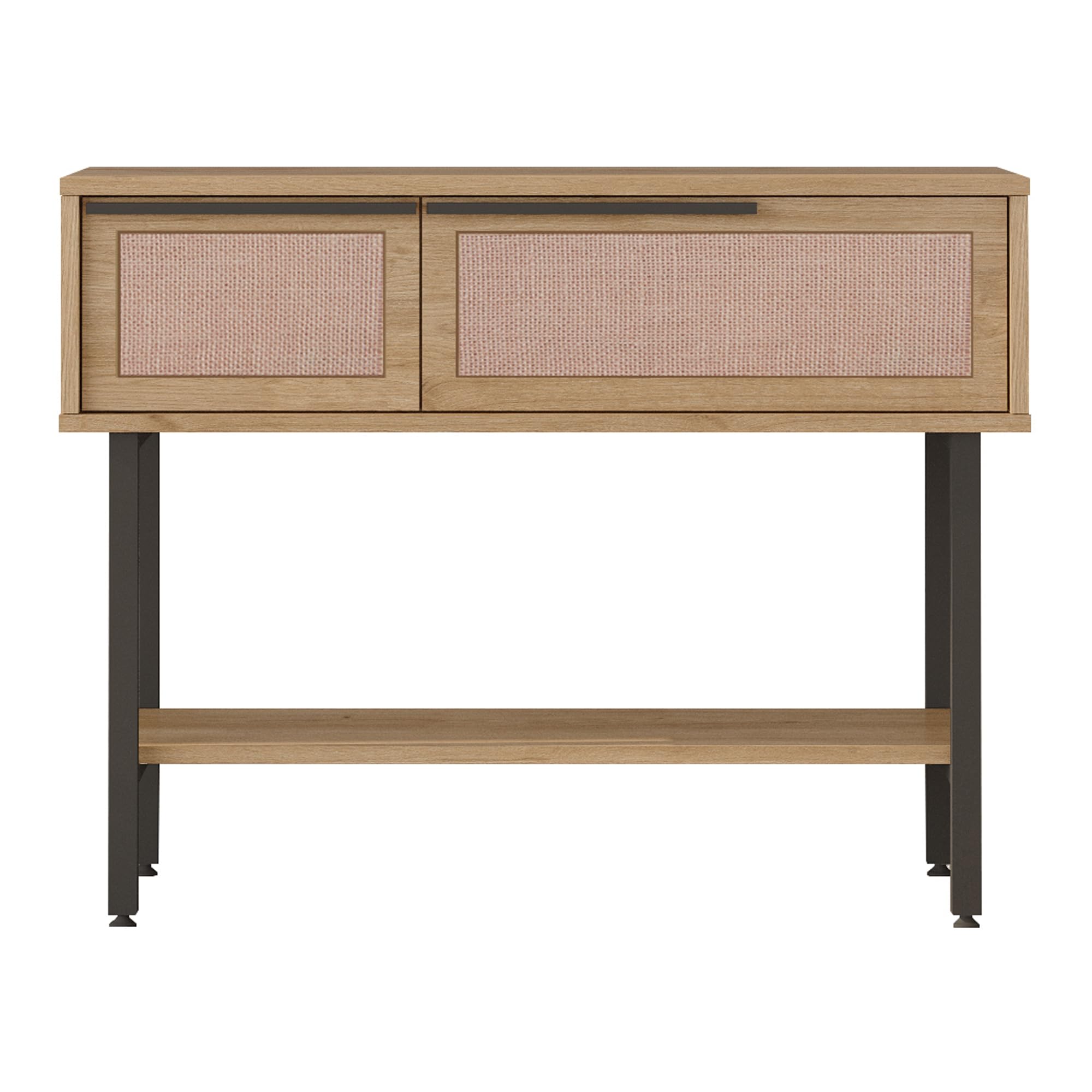 [en.casa] Mueble Recibidor Kvænangen con 2 Puertas Abatibles Consola Mesa de Entrada con 2 Compartimentos Cerrados y 1 Estante Aglomerado Metal 100x30x76 cm - Efecto Roble y Ratán