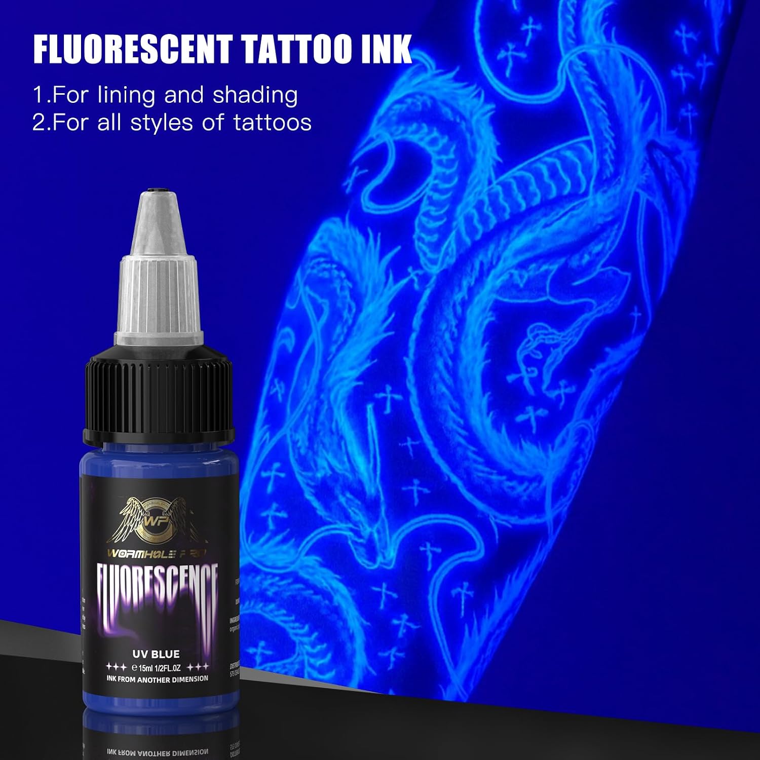 WORMHOLEPRO Tattoo Ink - 1/2oz(15ml) Professional Tattoo Pigment, Safe for Real Skin, Smooth Flow Tattoo Supply Ink, Long Lasting Color Fluorescent Ink for Artists - Blue