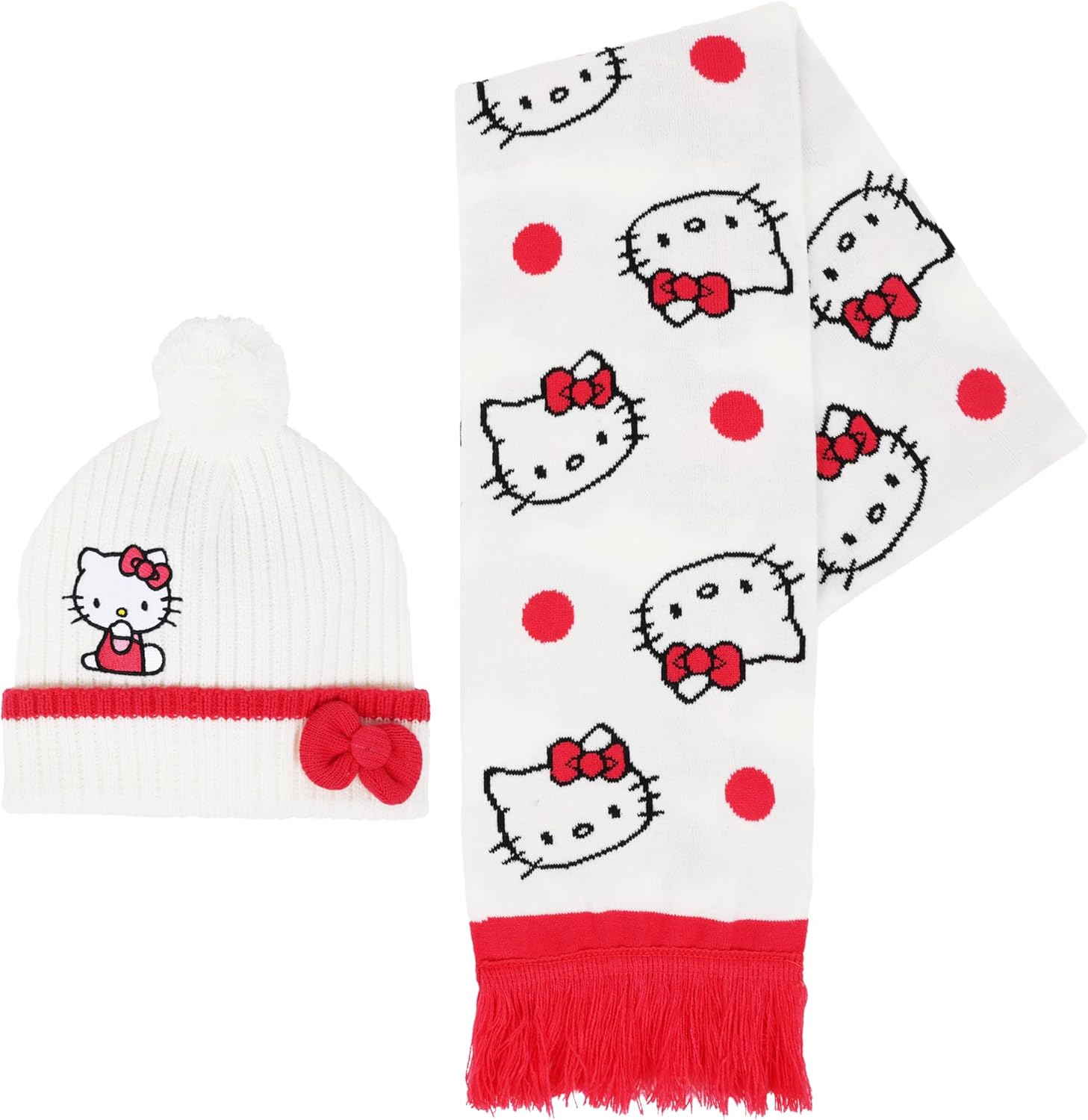Hello Kitty 3D Beanie and Scarf Set, Winter Hat and Scarf Combo, Warm Knit Accessories for Cold Weather, Multi