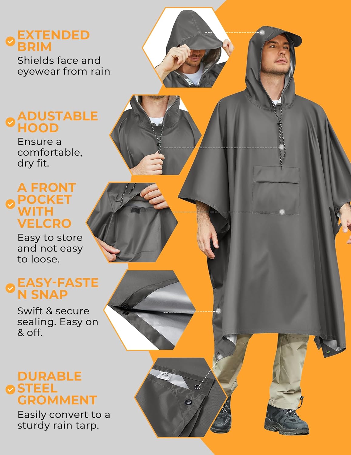 COOFANDY Rain Poncho for Adults with Hood Pockets Reusable Waterproof Packable Rain Coat Jacket Travel Hiking Emergency - Image 6