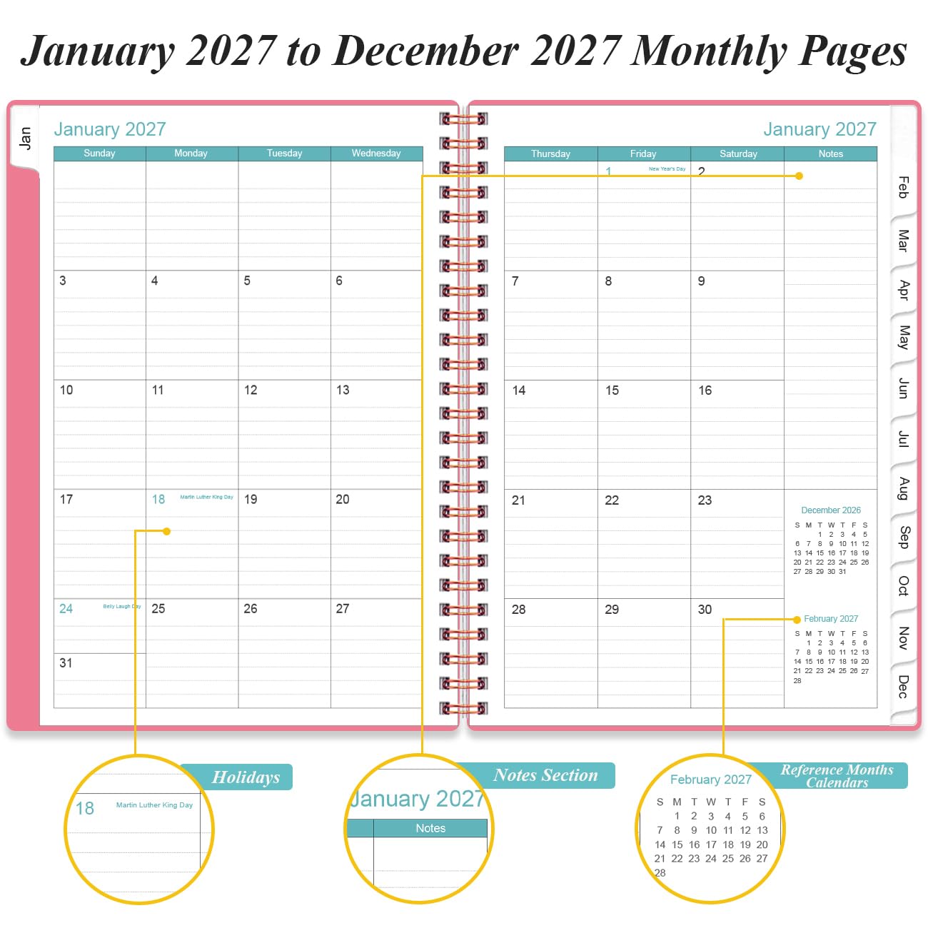 Agenda journalier 2026 - Page complète par jour - Agenda journalier et mensuel 2026 de janvier 2026 à décembre 2026 - Planning journalier 2026 avec onglets de 12 mois - 16,3 x 21,6 cm - Rose