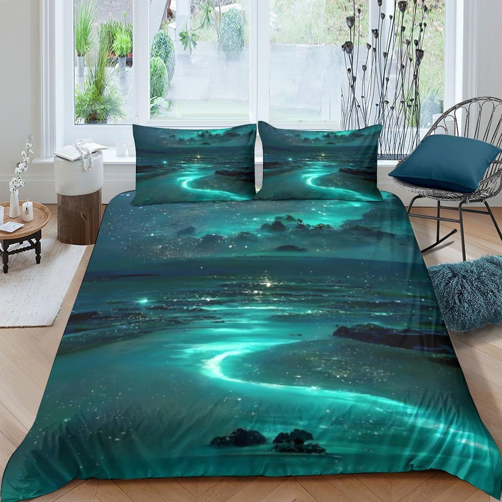 Ctjqhvkz Style-7 3D Printed Aurora River Fitted Sheet Microfiber Breathable Bedroom Decor Night Landscape Mattress Cover Single（135X200cm）
