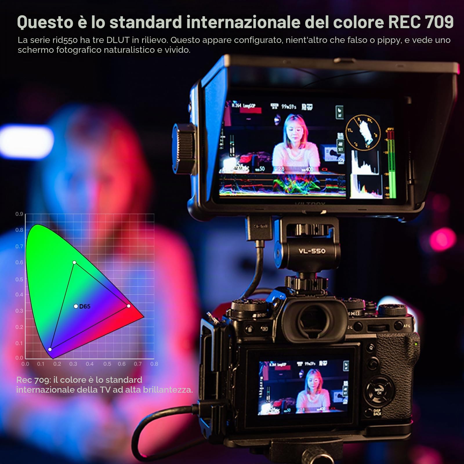 VILTROX DC550 Pro 5.5" Camera Field Monitor Touch Screen 4K HDMI DSLR Video Monitor esterno per Sony Canon Nikon Parasole Cappuccio Batteria Borsa 1200nit 3DLUT Focus Peaking Istogramma