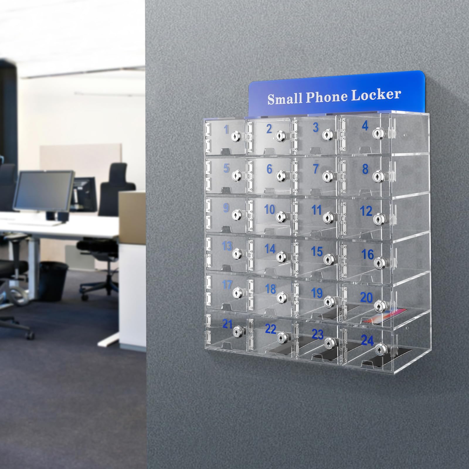 Genseino Cell Phone Holder Classroom 24 slots Cell Phone Lock Box, Cell Phone Locker with Door Locks & Keys, Cell Phone Storage Cabinet with Clear Door & Charging Slot for Classroom Office swimming