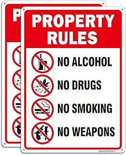 (2 Pack)Large Property Rules Signs, No Alcohol No Drugs No Smoking No Weapons Sign,14"x10" Rust Free Reflective Aluminum, Fade/Weather Resistant, UV Protected, Indoor/Outdoor Use, Easy Mounting
