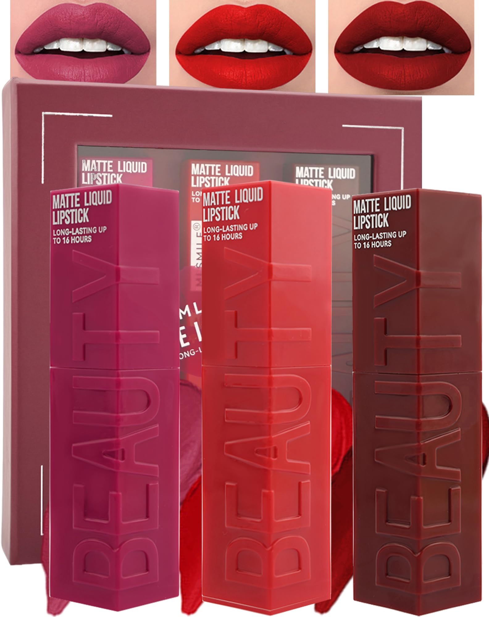 Matte Liquid Lipstick Set-3Pcs High Pigmented Lip Stain Tint,Matte Velvet Lip Gloss,Up to 16H Wear Lipgloss,Long Lasting Waterproof Non-Stick Tinted Lipstain,Christmas Makeup Gift Kit for Women-B