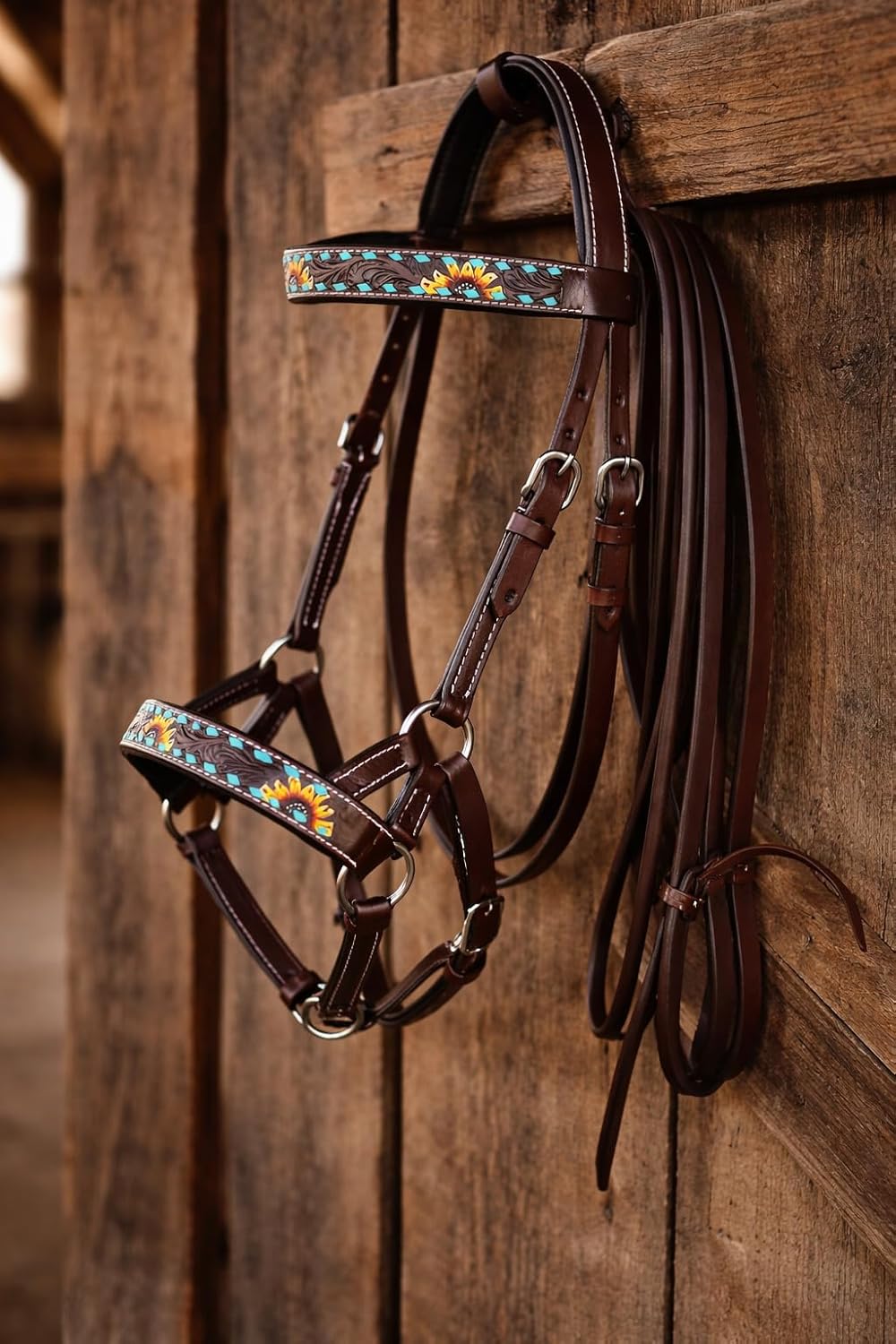 CHALLENGER Horse Western Leather Sunflower Bitless Sidepull Bridle Reins Hackamore 77RS27BR