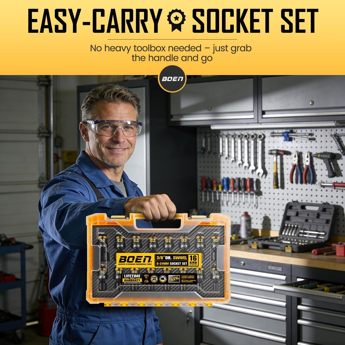 BOEN Pro 3/8 Inch Drive Impact Swivel Socket set, 16-Pieces 8-24mm, 6-Point Shallow Metric Universal Wobbly Sockets With Painted Marking, Cr-Mo, Include PP Case, Fit Into Tight and Narrow Spaces