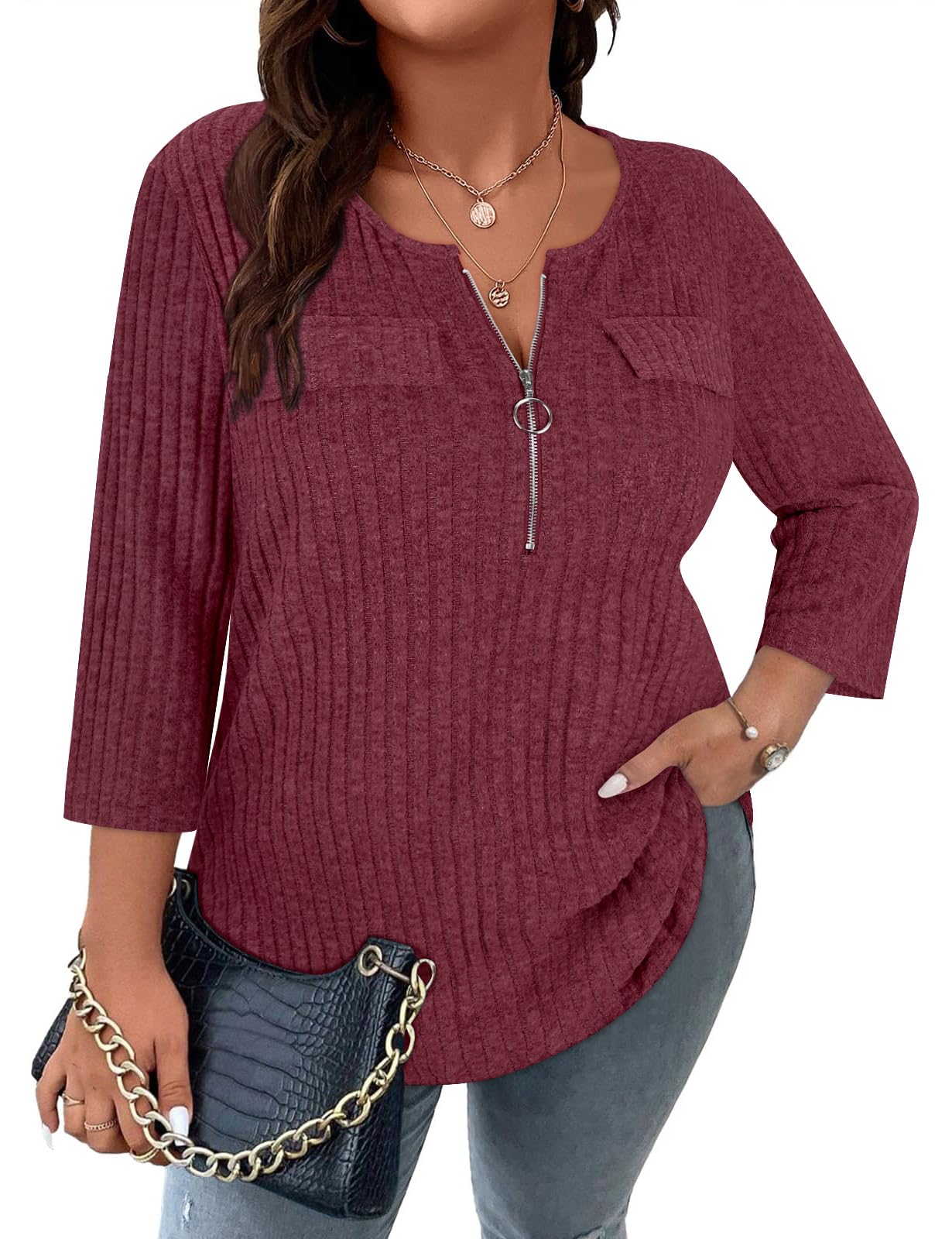 Viracy Women Plus Size Sweaters 3/4 Sleeve Zip V Neck Ribbed Solid Color Casual Blouses Tops XL-5XL