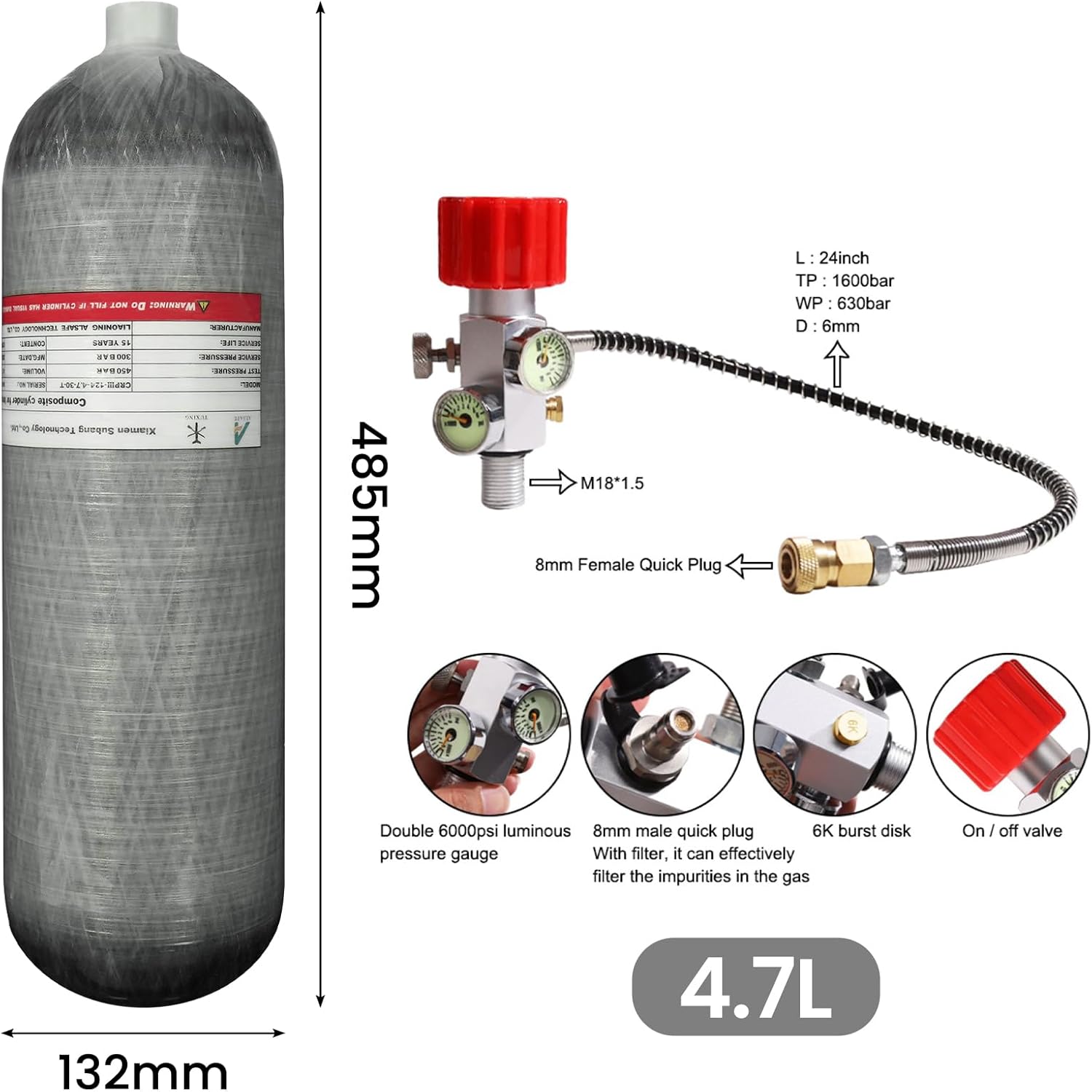 TUXING 4500Psi Carbon Fiber Air Tank, 4.7L Carbon Fiber Air Tank with Pcp Filling Regulator Valve for Pcp Air Rifle Scuba Tank (Empty Bottle), M18*1.5 (4.7L+Station E)