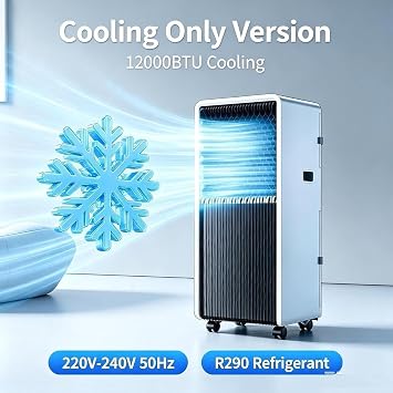 14000 BTU Portable Air Conditioner Cooling Only, 220-240V 50Hz Mobile AC with Smart Compressor, Exhaust Hose and Window Kit, Castor Wheels, Compact Floor Stand, A+12000 Btu, A+12000 BTU
