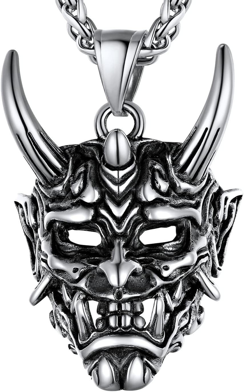 Men Pendant Necklaces, Stainless Steel Necklace for Men, Cool Guitar Pick Skull/Alligator Dinosaur Skeleton Tyrannosaurus Rex/Gothic Skull/Octopus/Evil Demon Hannya Mask Pendant with Chain