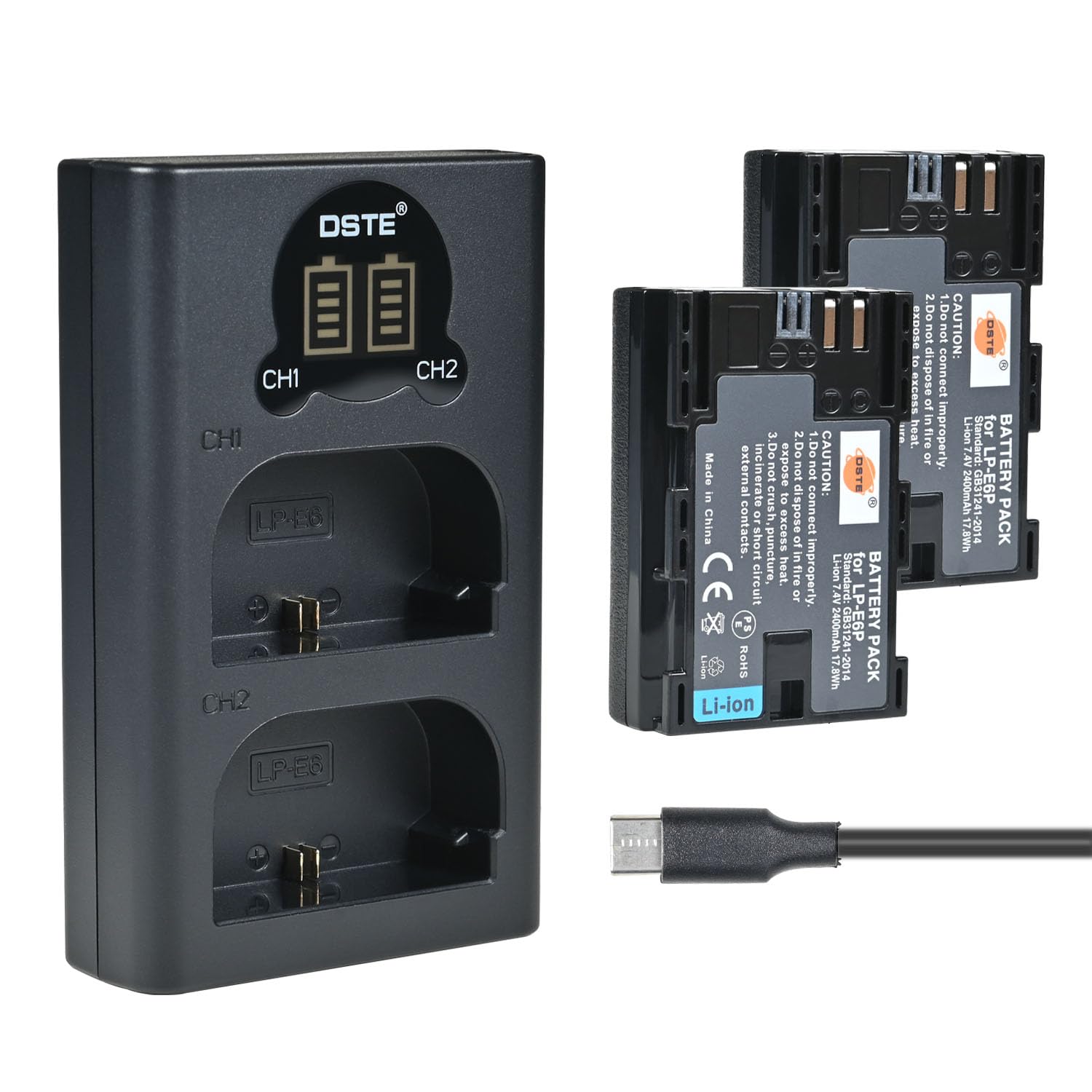 DSTE 2pcs LP-E6P Battery + Dual LCD Battery Charger Compatible with Canon EOS R6III, R7, R6II, R6, R5 Mark II, 60Da, 70D, 80D, 90D, 7D Mark II, 7D Mark III, XC10, XC15 Camera