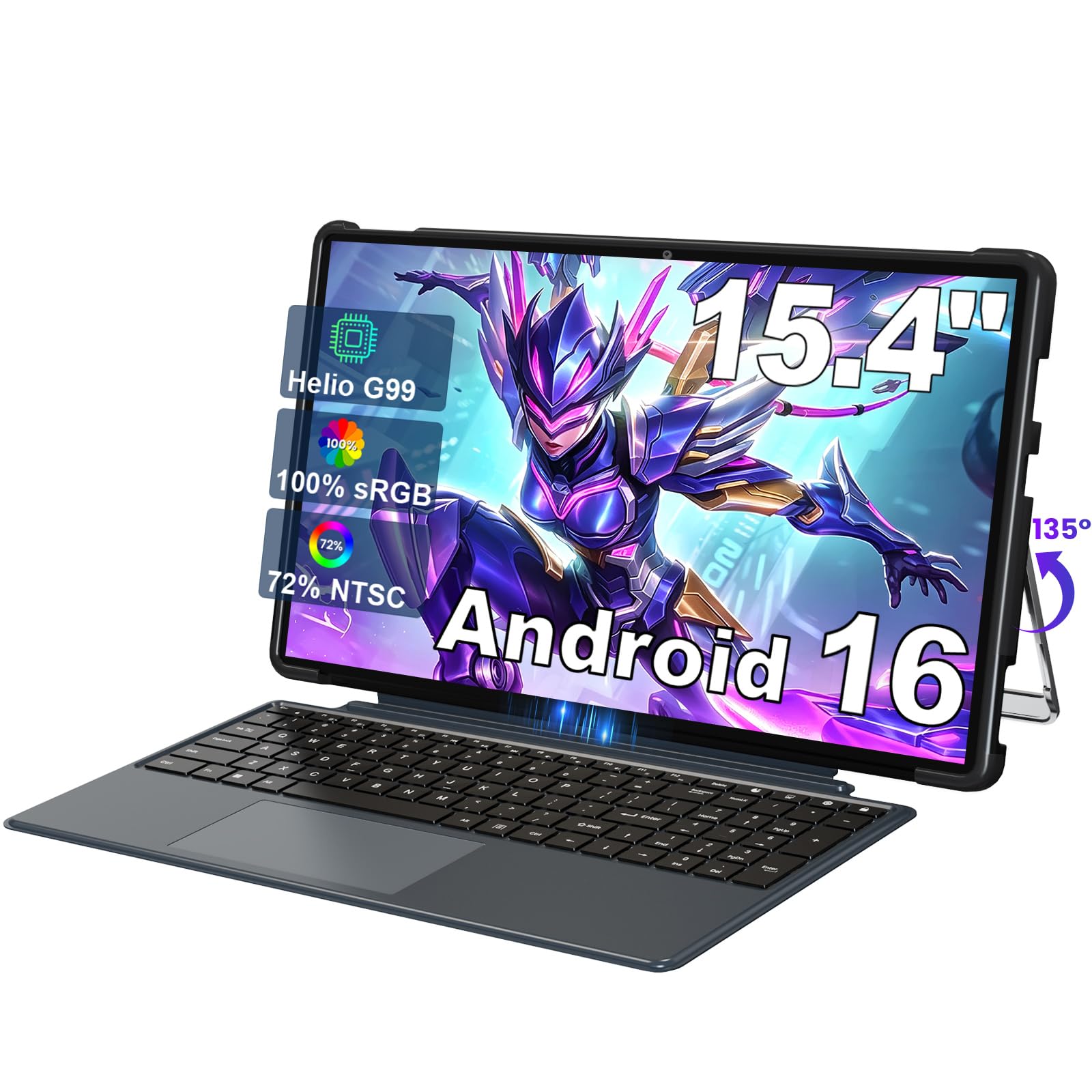 jumper 15.4" tablet with magnetic keyboard helio g99 processor | android 16, built-in 135° stand, 8gb ram 256gb rom, 10000mah, 100% srgb display, widevine l1, protective case