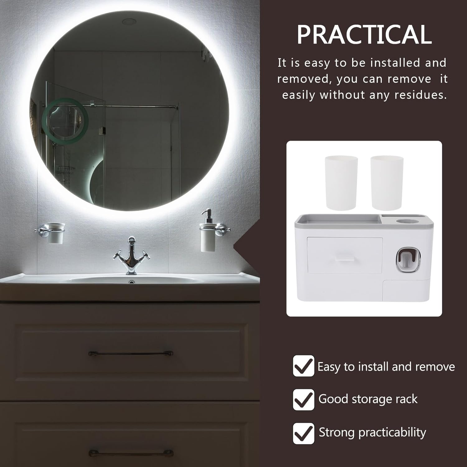 Wall Mounted Toothbrush Holder with Cup Holder Space-Saving No Drilling Installation Bathroom Organizer for Tiles Mirrors Surfaces White