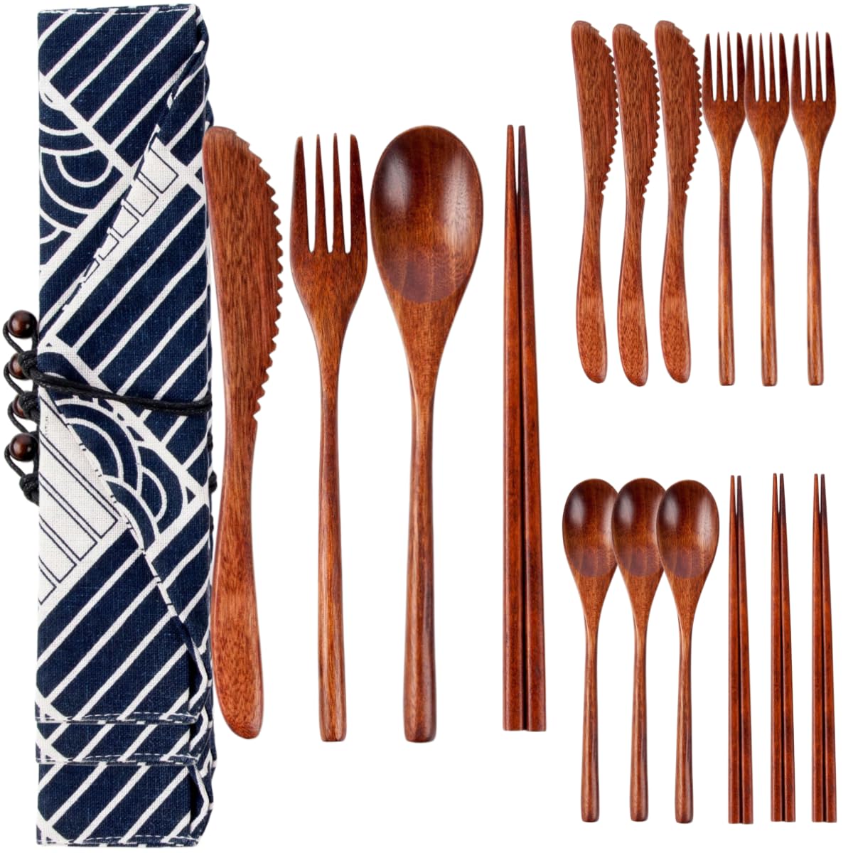 Cucchiai E Forchette Di Legno Set Portatile Di Bacchette Posate Forchetta E Cucchiaio In Legno Di Noce Con Custodia A Righe Per Set Da Tavola Riutilizzabili 4 Set