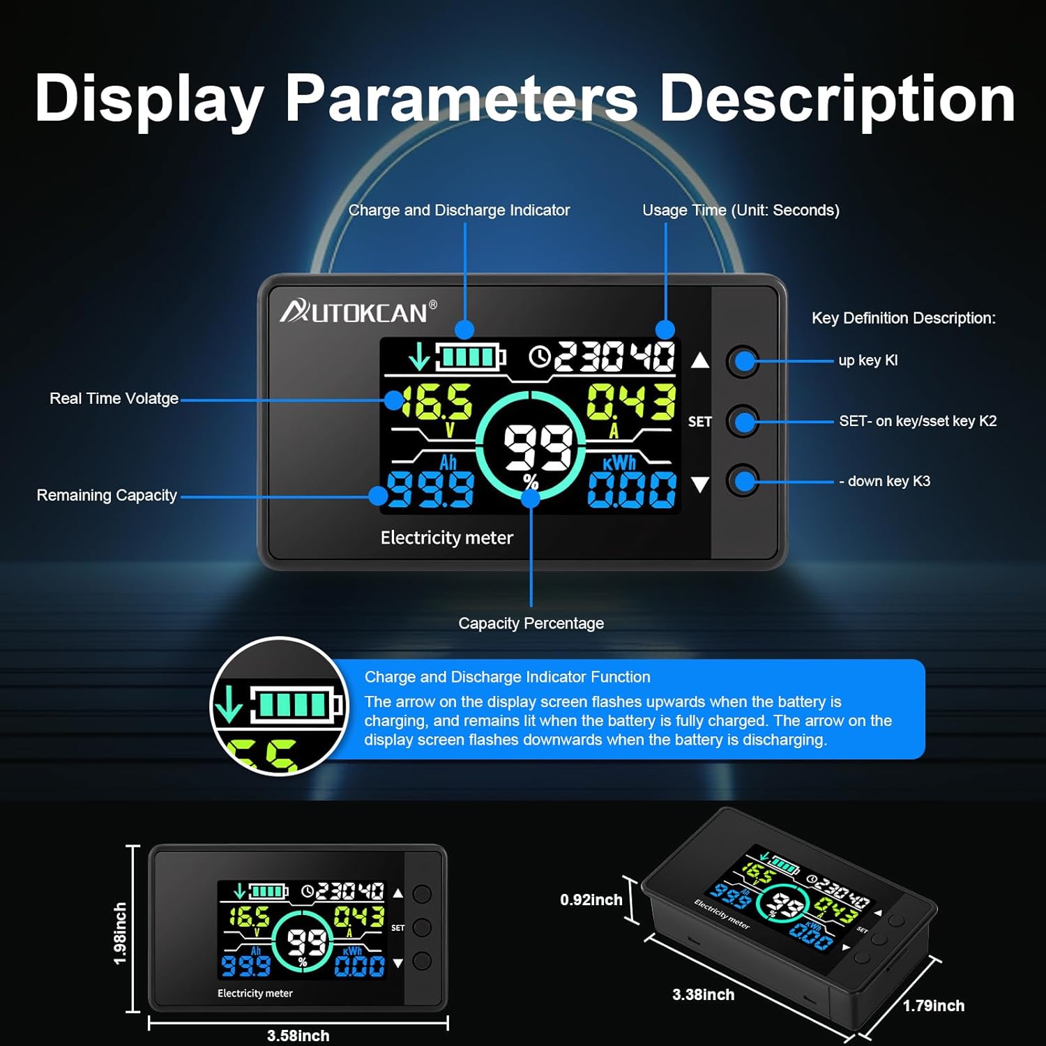 500A Battery Monitor with Shunt, DC 8-100V Multimeter with LCD Large Screen for Voltage Current Capacity Power Testing Digital Indicator Battery Meter for RV Golf Cart Auto Car Motorcycle